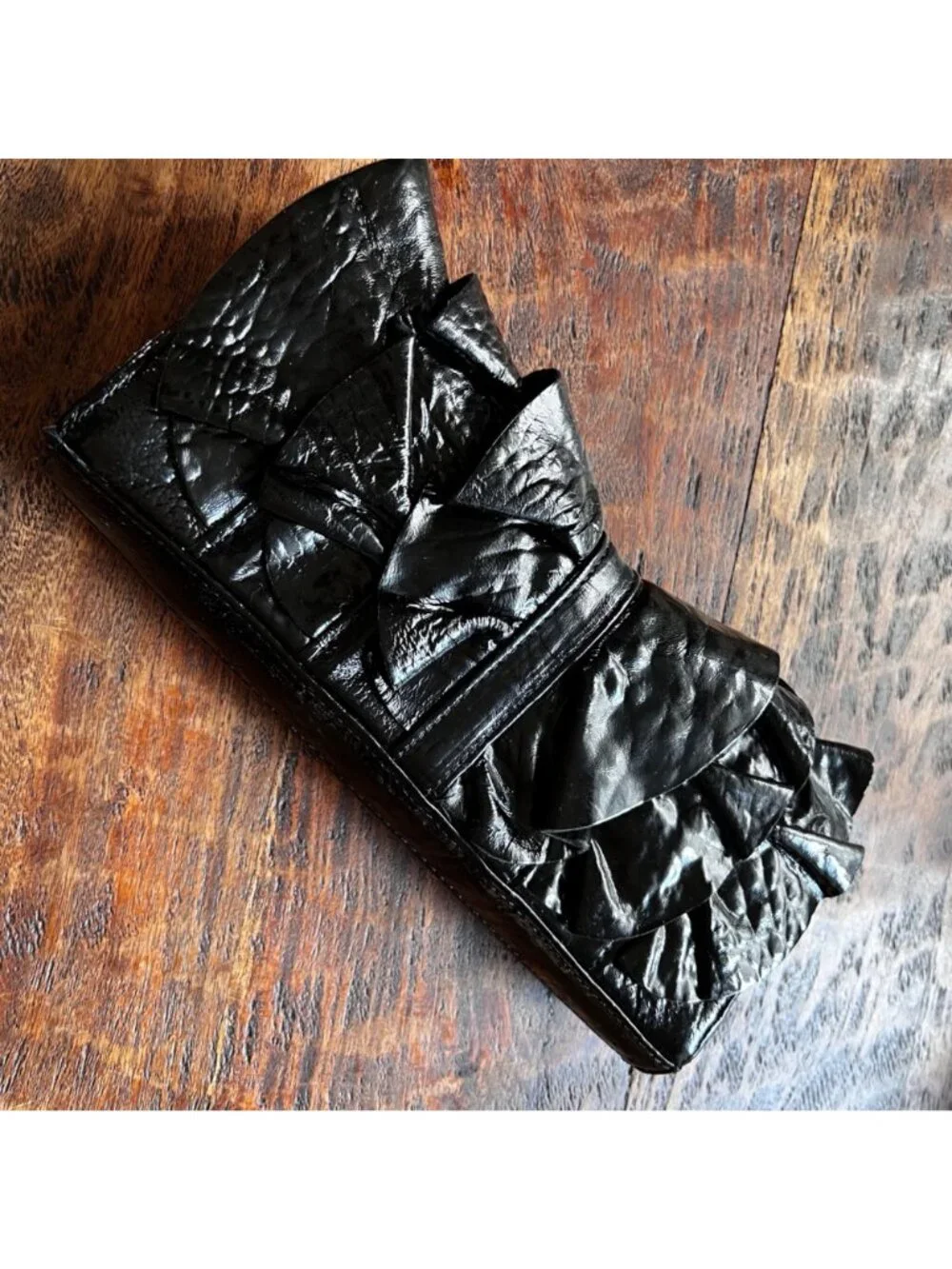 Black Real Patent Leather Susan Farber Clutch With Ruffle & Grommet Detailing 10